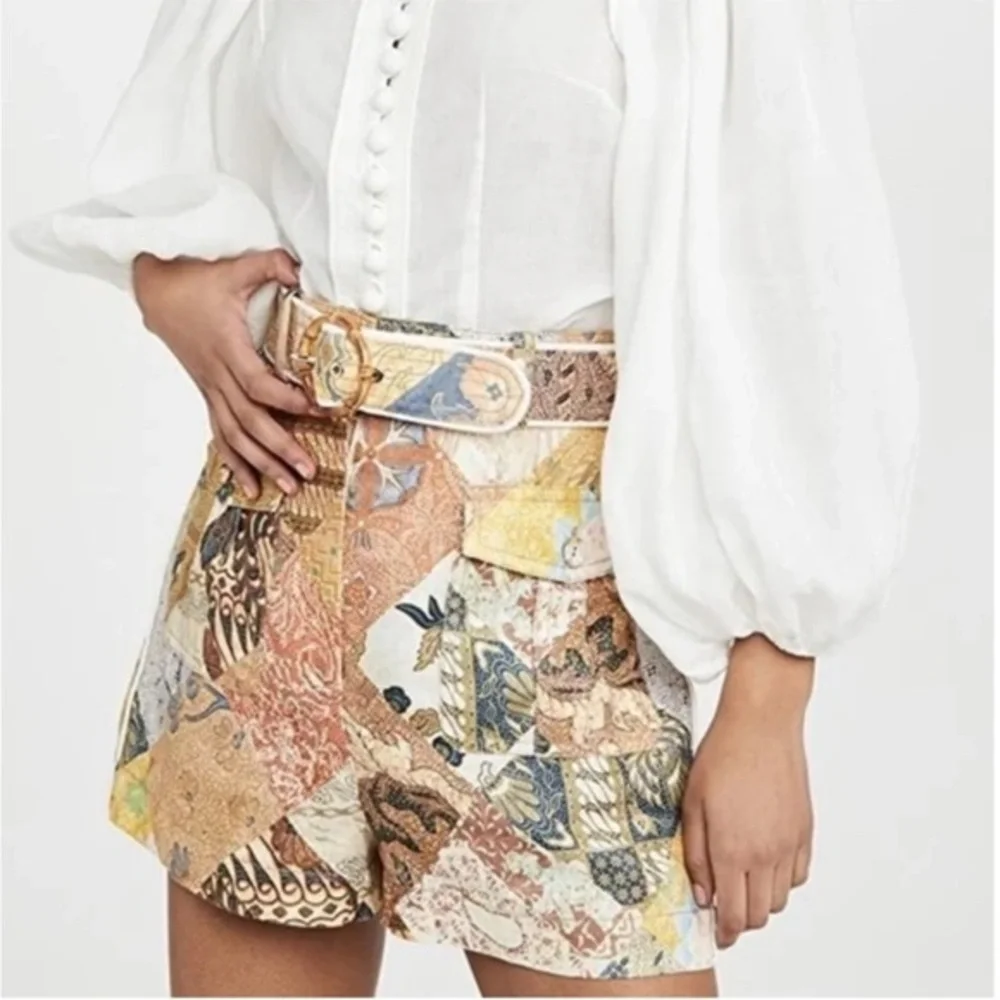 Zimmermann Shorts Brightside Batik Patchwork Linen in Paisley Cream